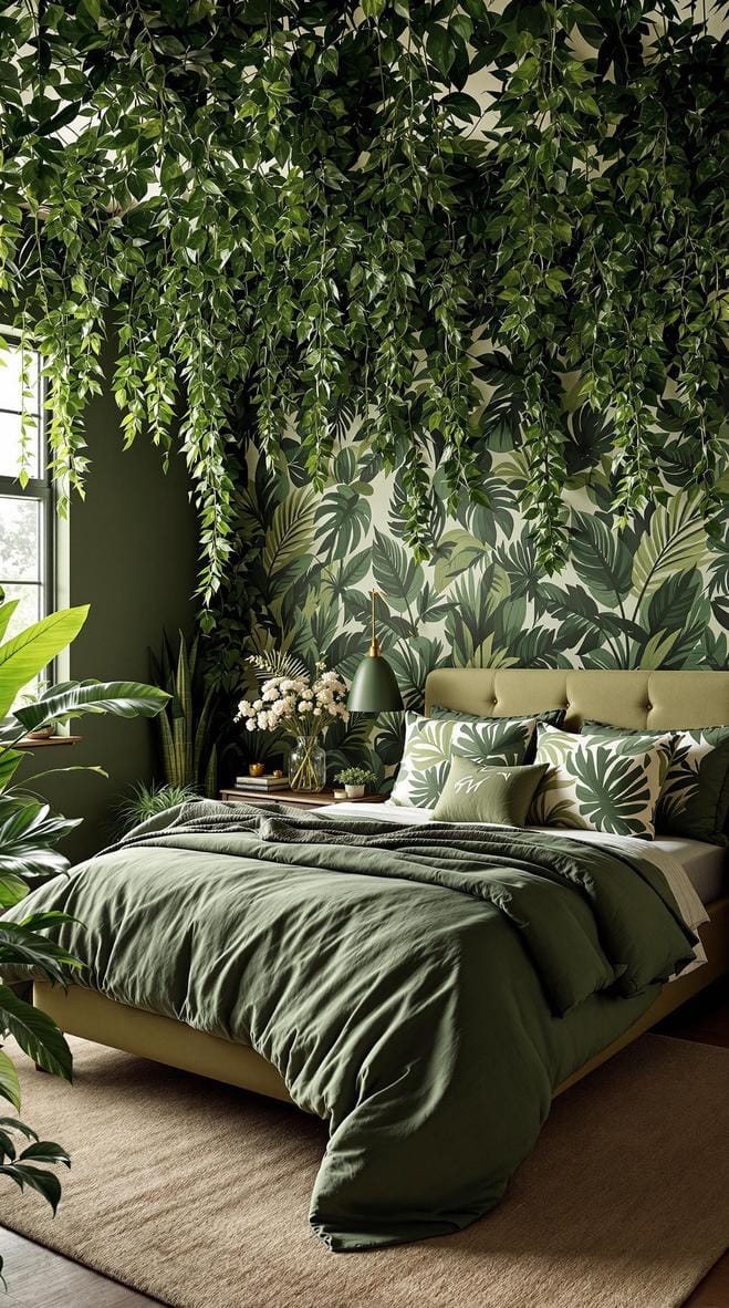23 atemberaubende Ideen für olivgrüne Schlafzimmer, die Sie absolut lieben werden 21 6. Schlafzimmer mit olivgrünem Dschungelmotiv mit Blattdrucken und Faux Vines-0