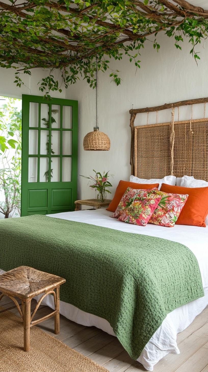 23 atemberaubende Ideen für olivgrüne Schlafzimmer, die Sie absolut lieben 22 6. Schlafzimmer mit olivgrünem Dschungelmotiv mit Blattdrucken und Faux-Ranken-1