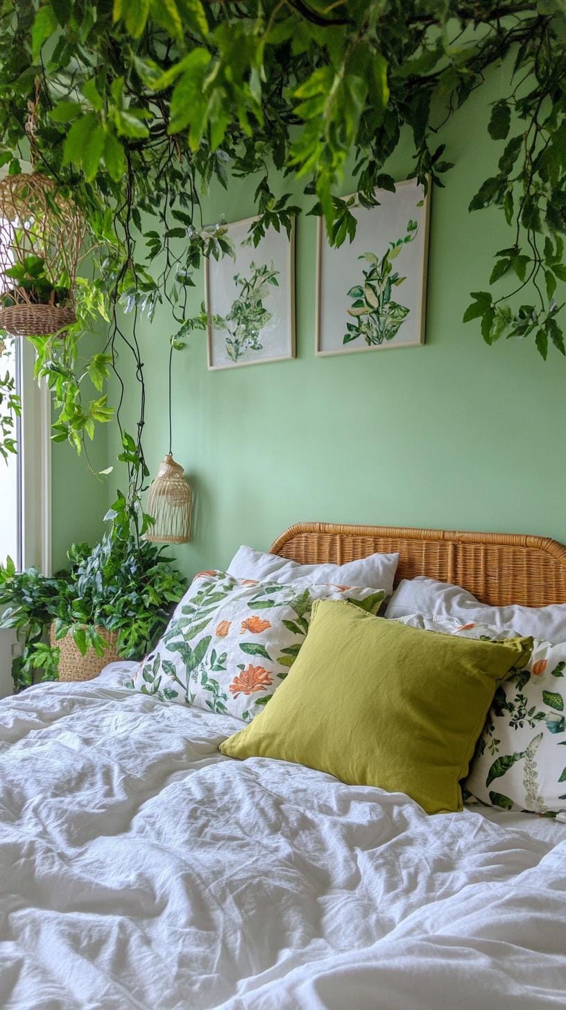 23 atemberaubende Ideen für olivgrüne Schlafzimmer, die Sie absolut lieben werden 23 6. Schlafzimmer mit olivgrünem Dschungelmotiv mit Blattdrucken und Faux-Ranken-2