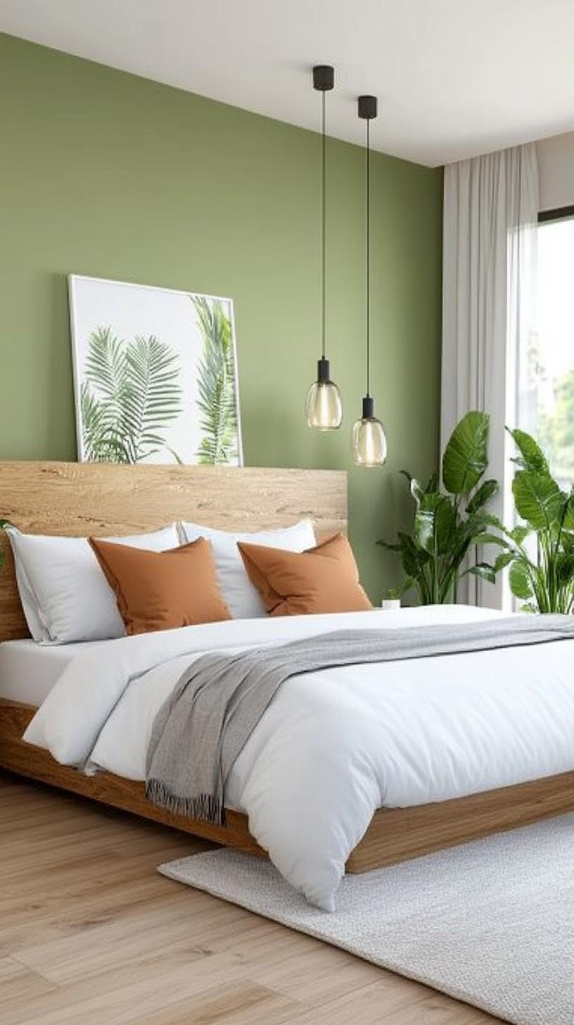 23 atemberaubende Ideen für olivgrüne Schlafzimmer, die Sie absolut lieben werden 47 14. Olivengrün-skandinavisches Schlafzimmer mit weichen Neutralen und natürlichen Licht-1