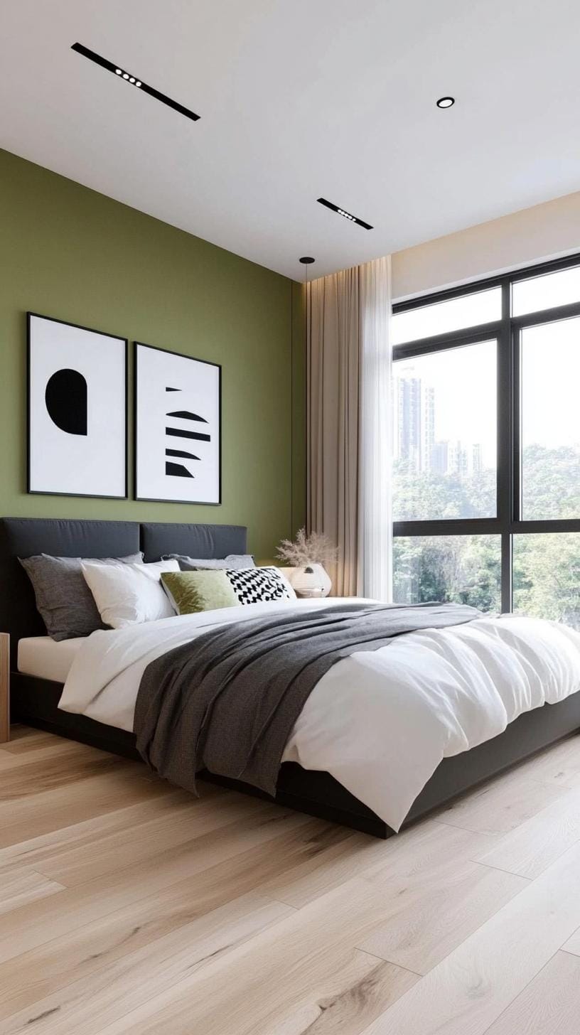 23 atemberaubende Ideen für olivgrüne Schlafzimmer, die Sie absolut lieben werden 64 20. Olivengrün und schwarz monochromatisch minimalistisch Schlafzimmer-0