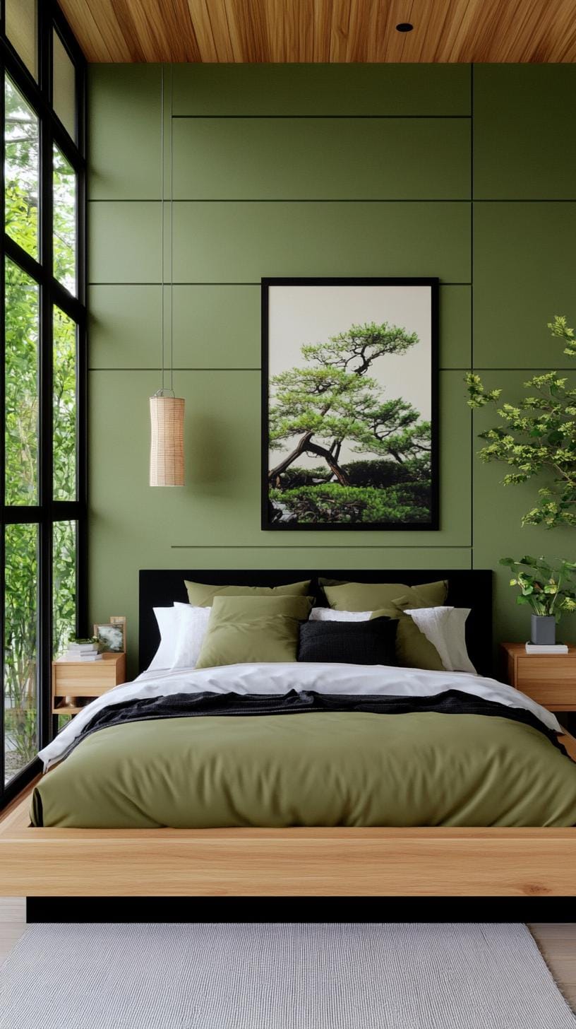 23 atemberaubende Ideen für olivgrüne Schlafzimmer, die Sie absolut lieben werden 65 20. Olivengrün und schwarze monochromatische minimalistische Schlafzimmer-1-1