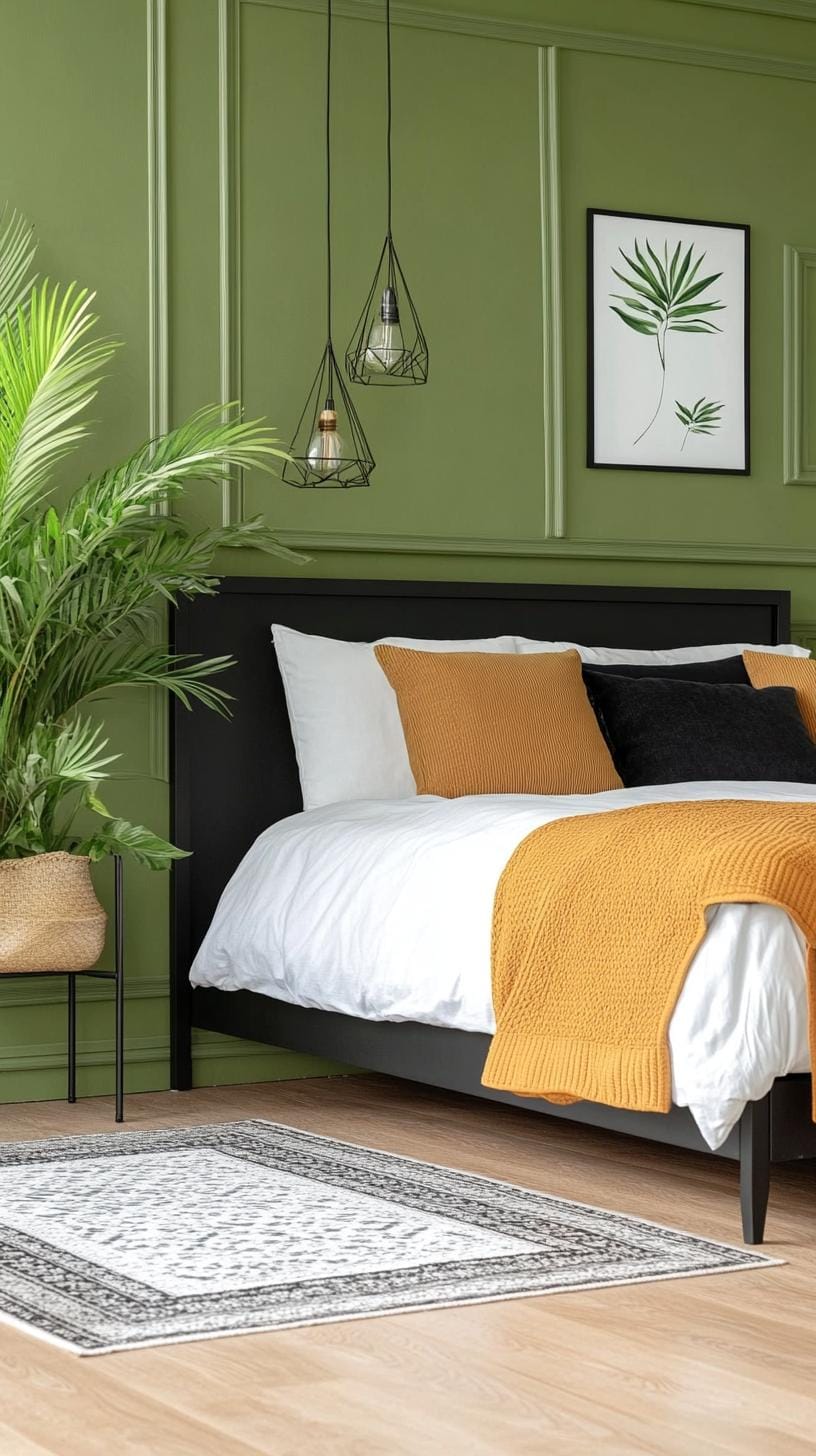 23 atemberaubende Ideen für olivgrüne Schlafzimmer, die Sie absolut lieben werden 66 20. Olivengrün und schwarz monochromatisch minimalistisch Schlafzimmer-2