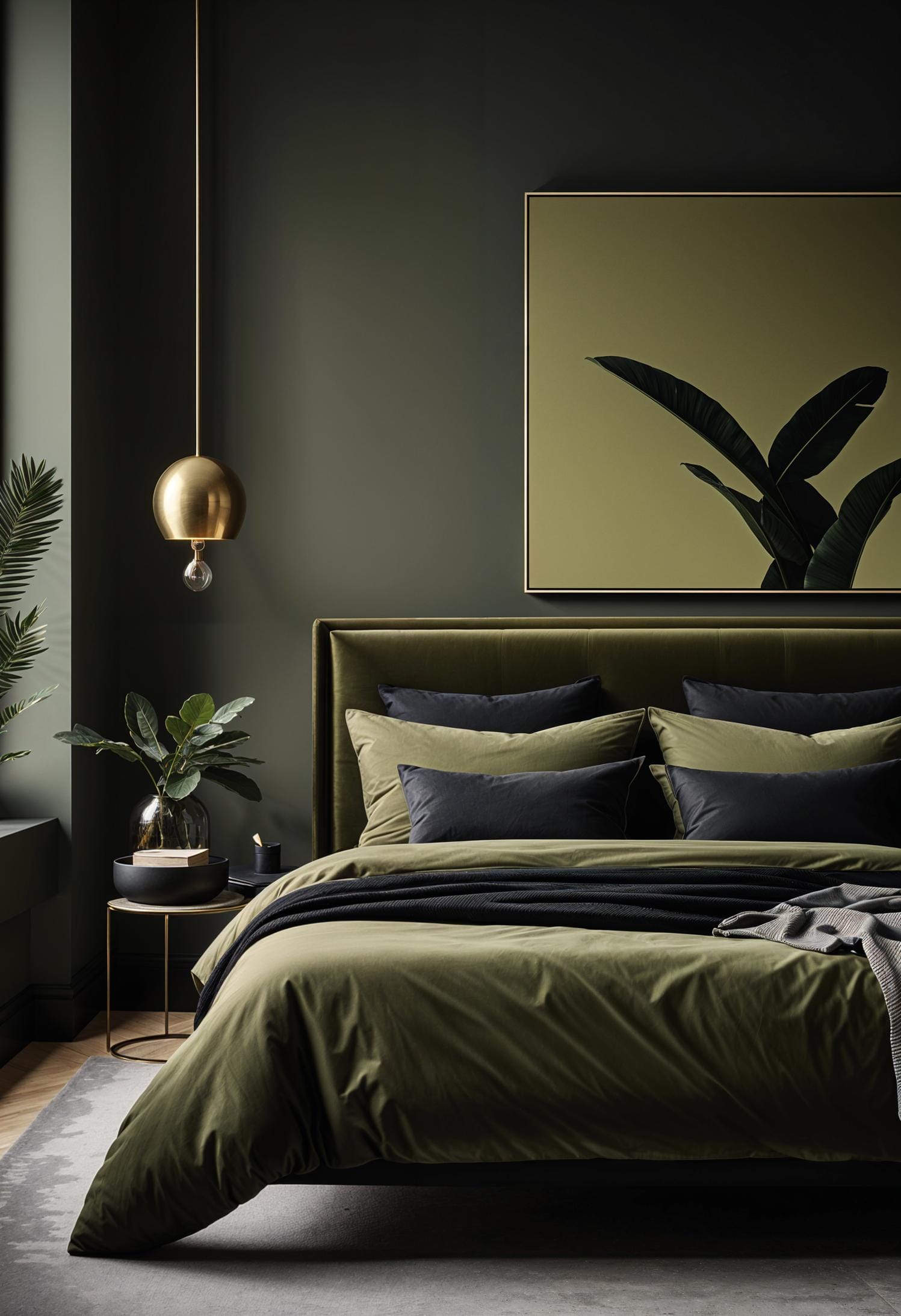 23 atemberaubende Ideen für olivgrüne Schlafzimmer, die Sie absolut lieben werden 67 20. Olivengrün und schwarze monochromatische minimalistische Schlafzimmer-3