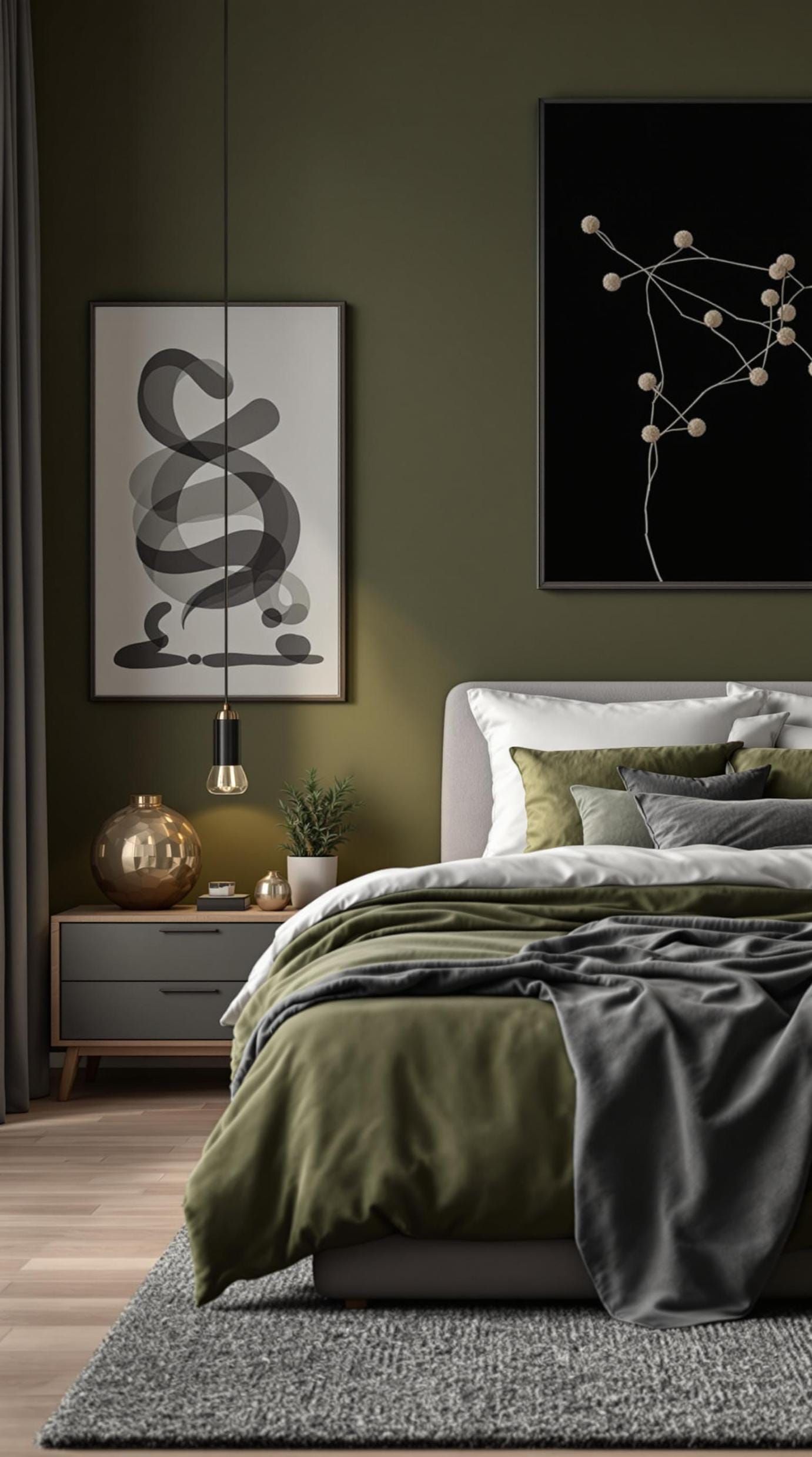 23 atemberaubende Ideen für olivgrüne Schlafzimmer, die Sie absolut lieben werden 55 17. Olivengrün und Holzkohlegrau Schlafzimmer mit monochromen Kunststücken-0