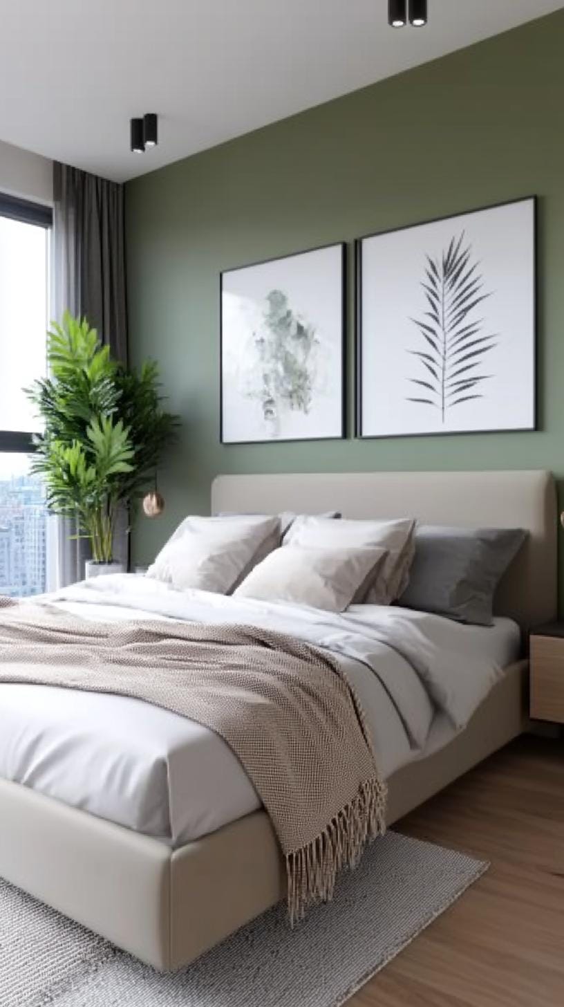23 atemberaubende Ideen für olivgrüne Schlafzimmer, die Sie absolut lieben werden 56 17. Olivengrün und Holzkohlegrau Schlafzimmer mit monochromen Kunstwerken-1
