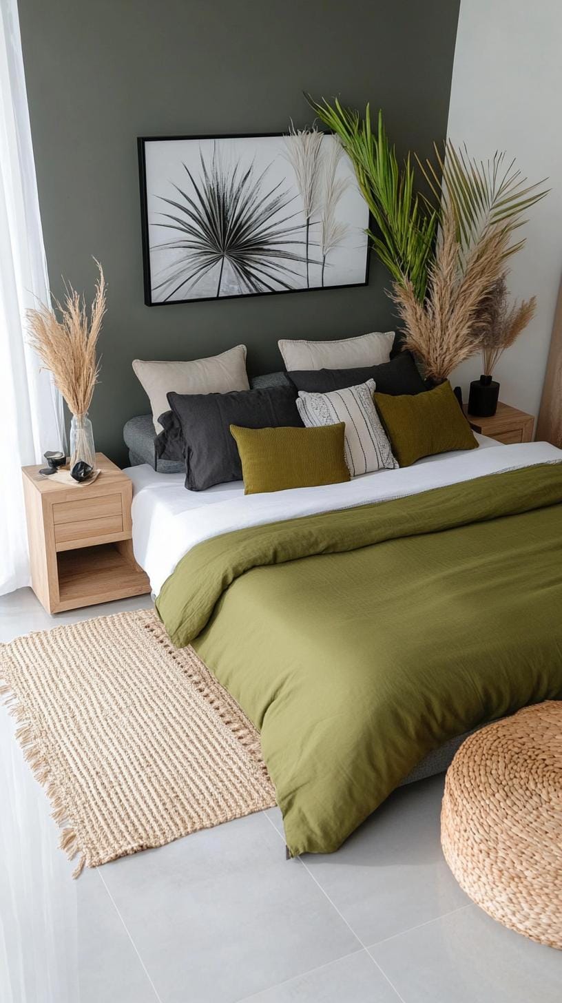 23 atemberaubende Ideen für olivgrüne Schlafzimmer, die Sie absolut lieben werden 57 17. Olivengrün und Holzkohlegrau Schlafzimmer mit monochromen Kunststücken-2