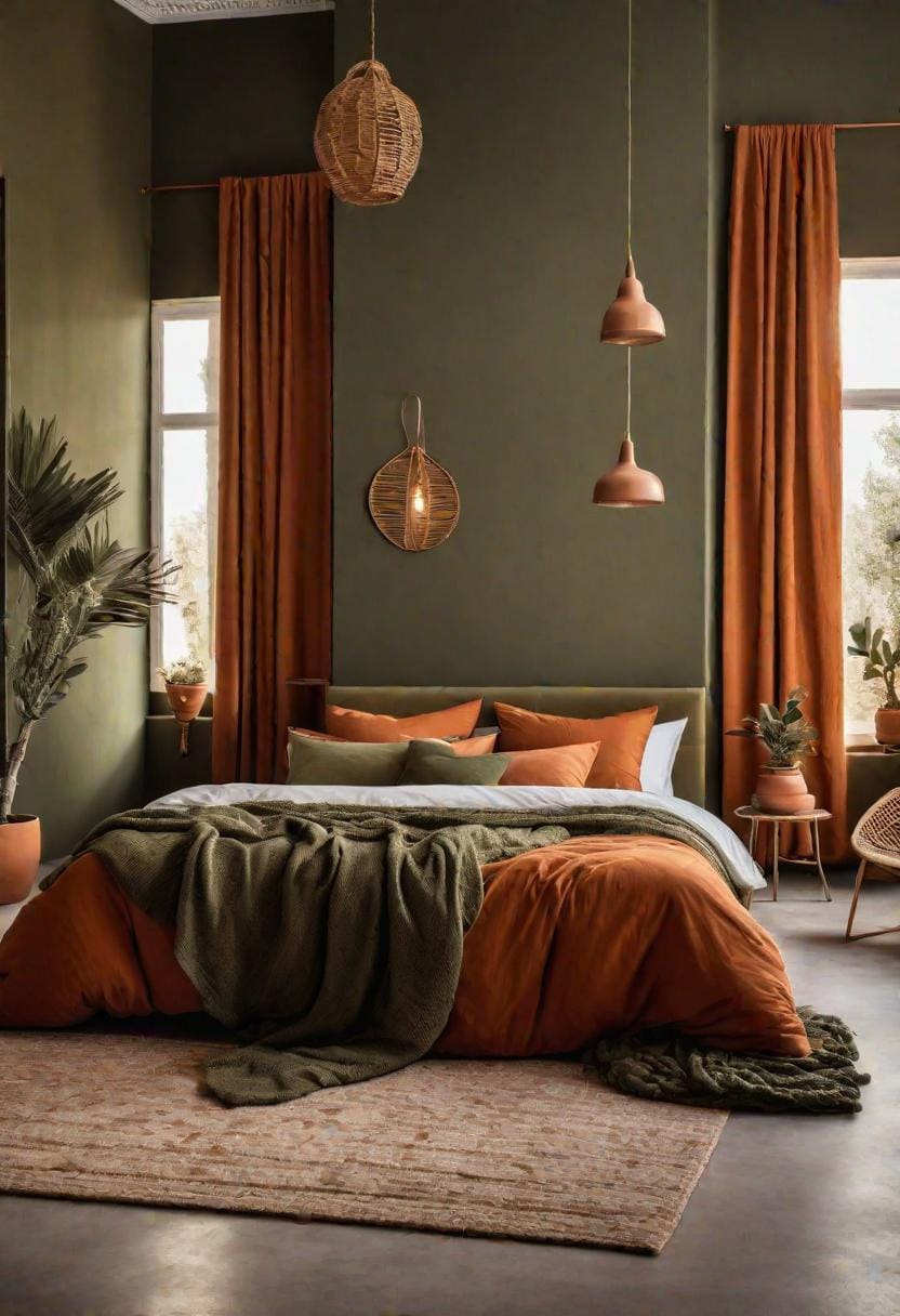 23 atemberaubende Ideen für olivgrüne Schlafzimmer, die Sie absolut lieben werden 36 11. Olivengrün und Terrakotta Mittelmeer im Stil Schlafzimmer-0