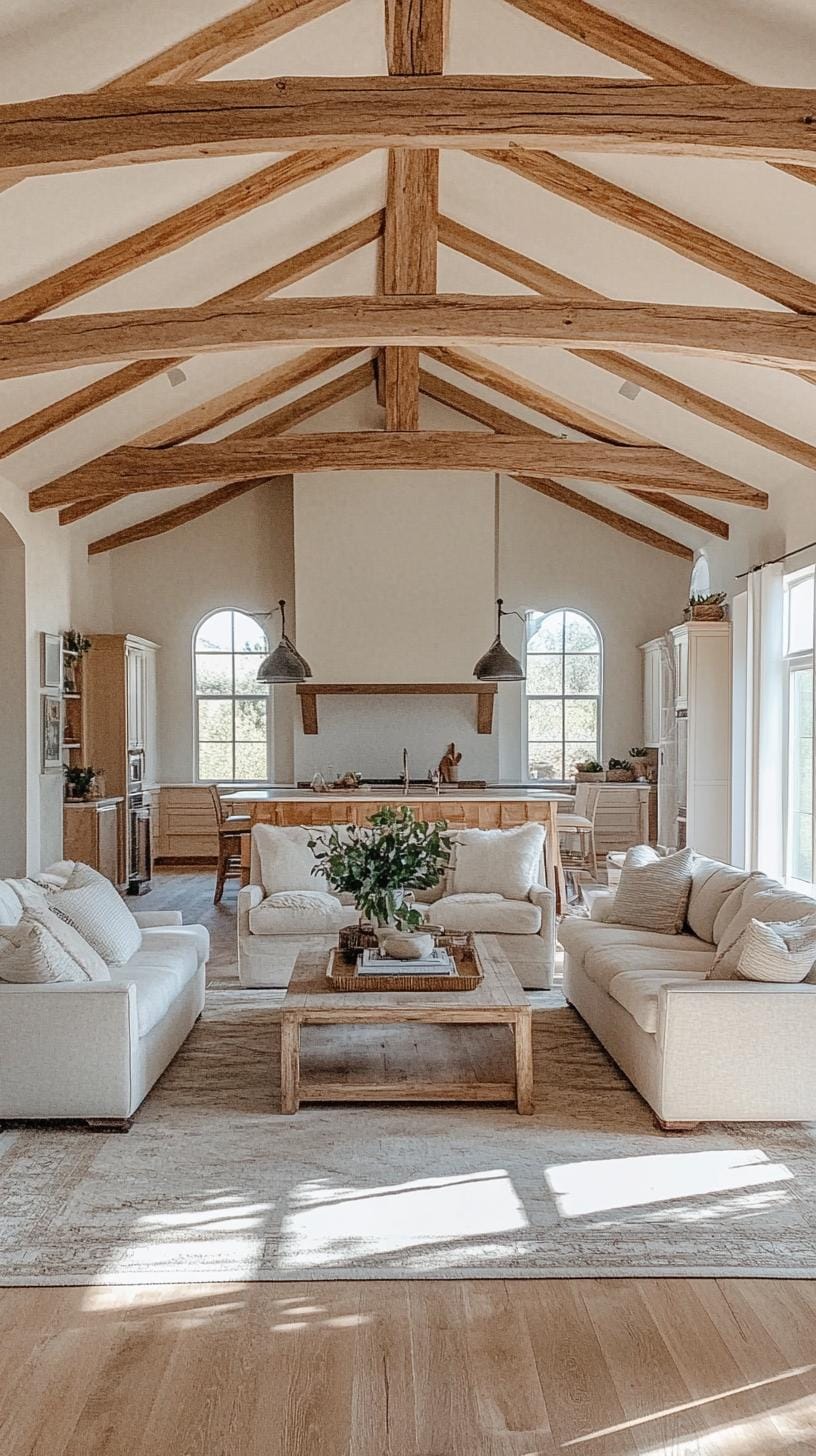 23 Best modern farmhouse living room ideas to inspire you 3 1. Open Concept life with large rustic wood jet ceilings and minimalist furniture-0