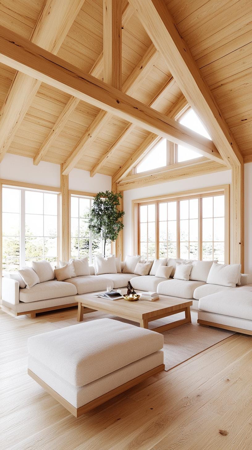 23 Best modern farmhouse living room ideas to inspire you 4 1. Open Concept life with large rustic wooden jet ceilings and minimalist furniture-1