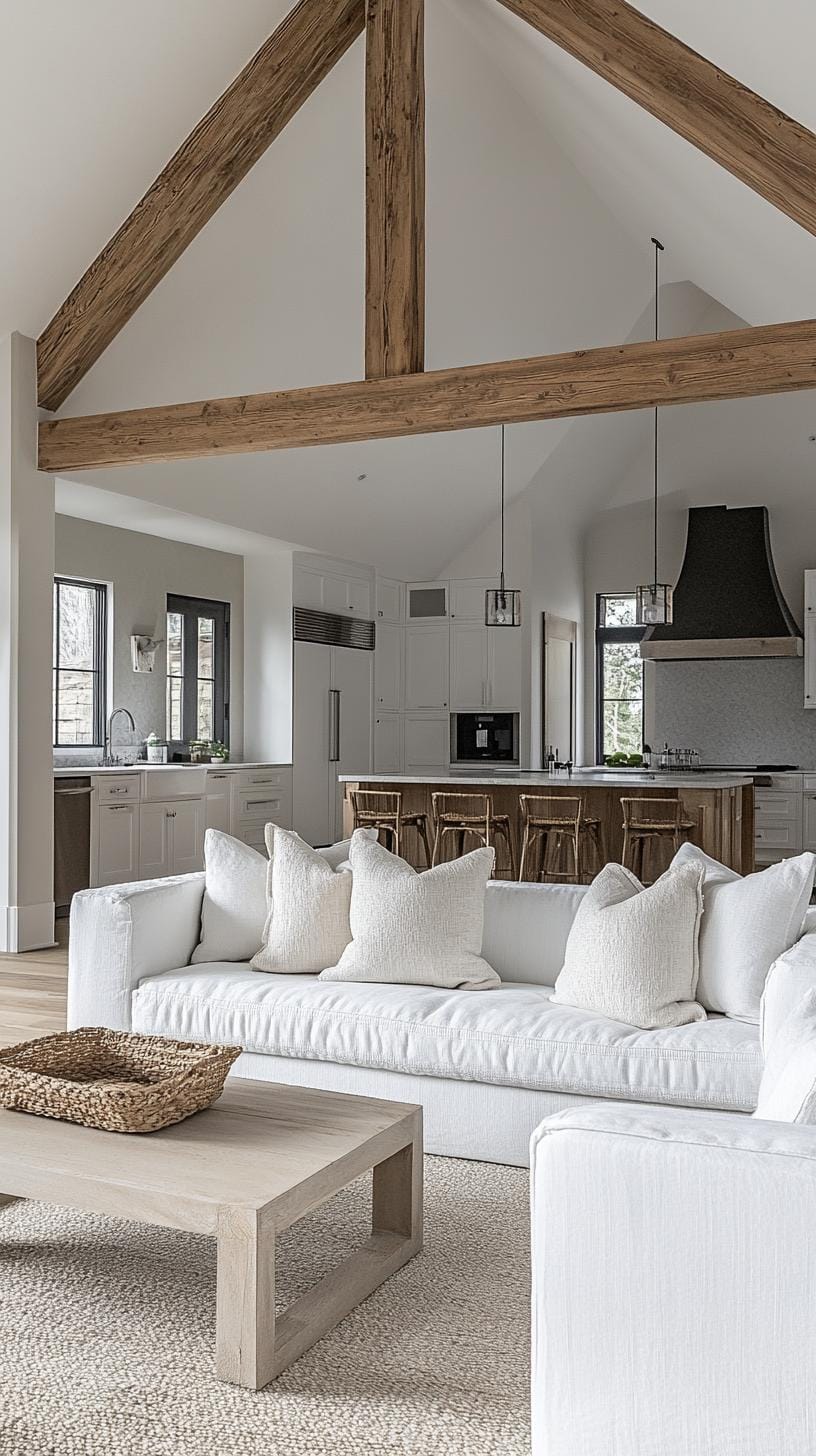 23 Best modern farmhouse living room ideas to inspire you 5 1. Open Concept life with large rustic wood jet ceilings and minimalist furniture-2