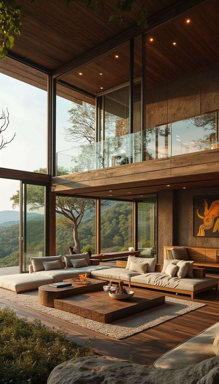 15 new Japandi living room ideas that you will love 30 11. Harmony open space with large window views and earthy color palette-0