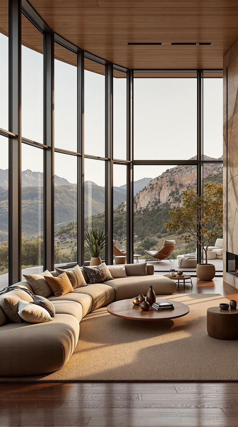 15 new Japandi living room ideas that you will love 31 11. Harmony open space with large window views and earthy color palette-1