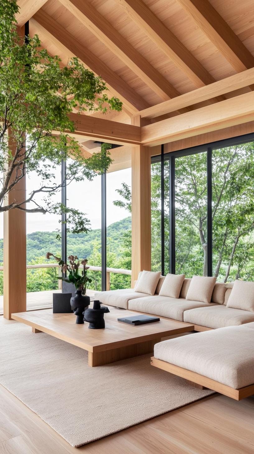 15 new Japandi living room ideas that you will love 32 11. Harmony open space with large window views and earthy color palette-2