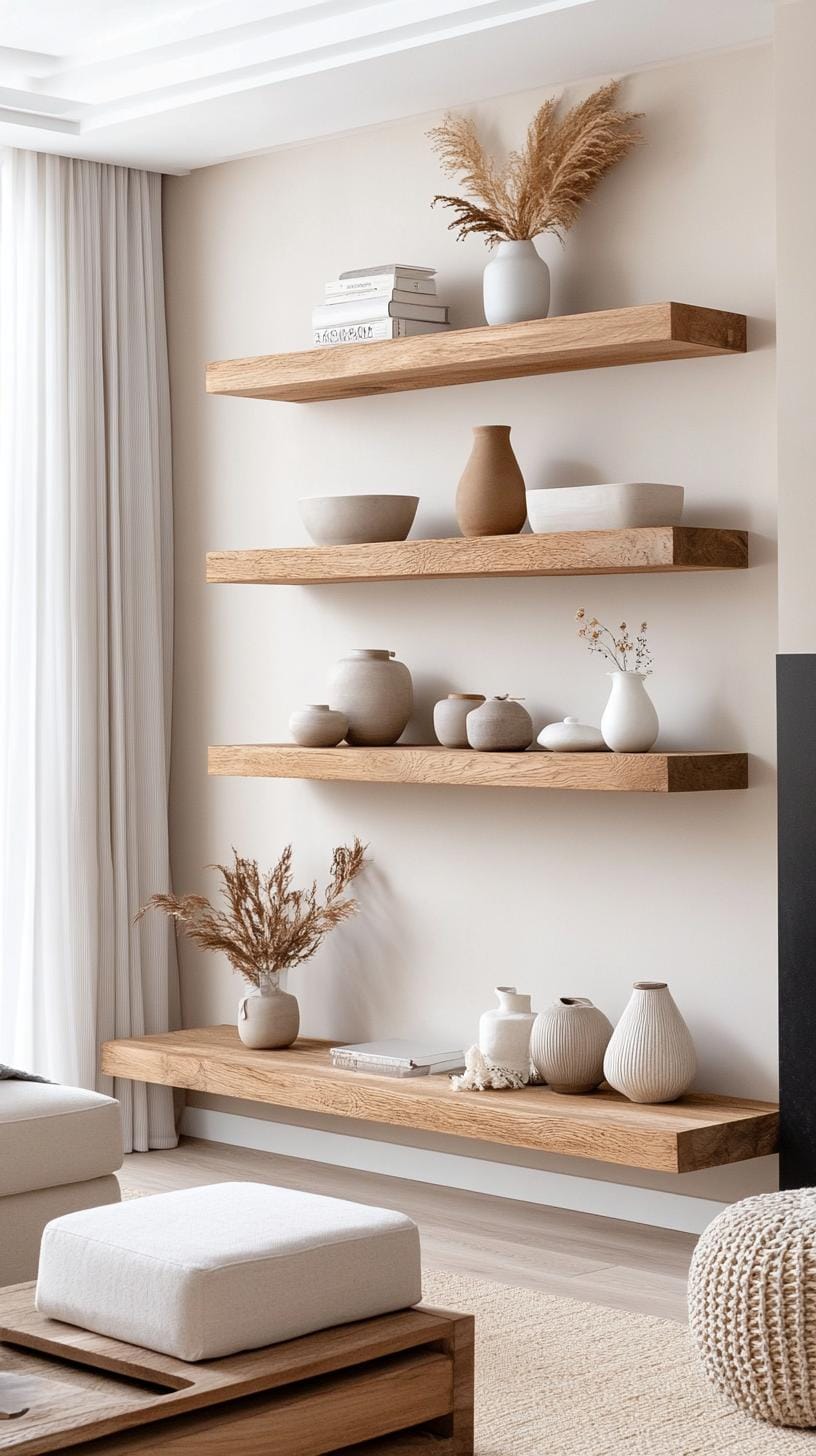 21 Cozy organic modern living room ideas for copying 13 4. Open shelves with minimalist ceramics and neutral vase-0