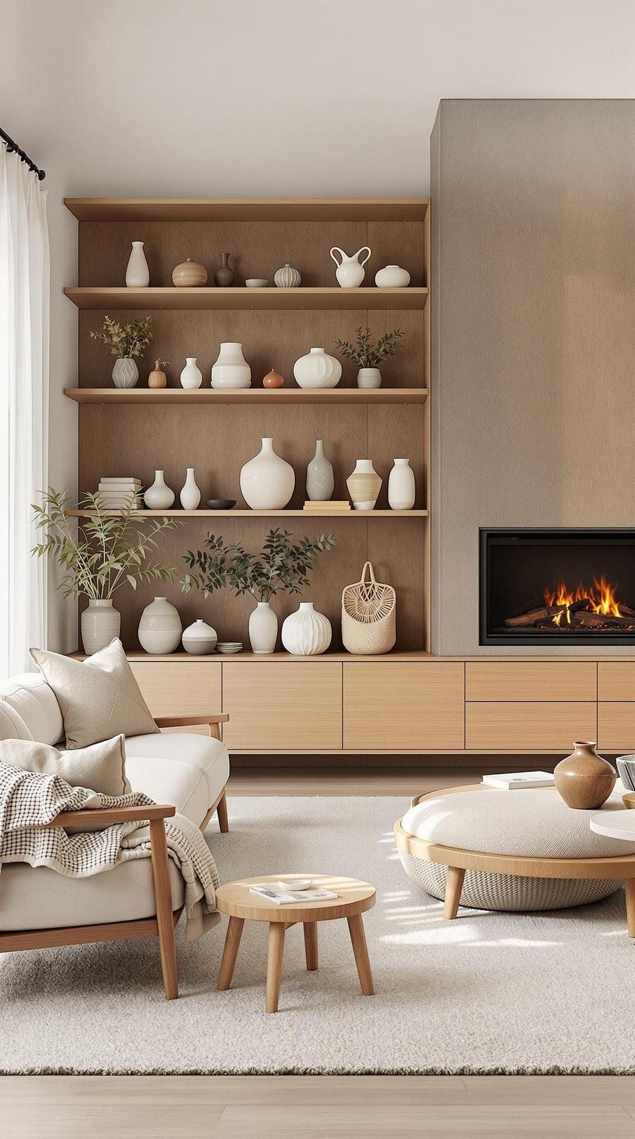 21 Cozy organic modern living room ideas for copying 14 4. Open shelves with minimalist ceramics and neutral vase-1