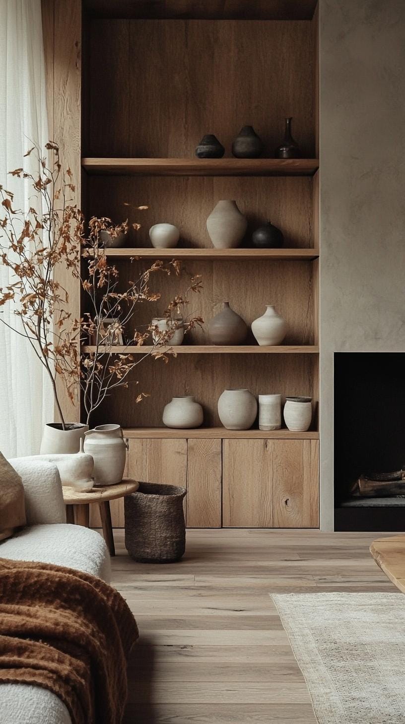 21 Cozy organic ideas for modern living room to copy 15 4. Open shelves with minimalist ceramics and neutral and rally vase-2