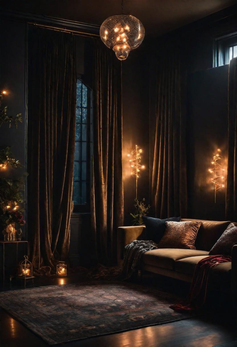 29 Moody Wohnzimmer Ideen: Erstellen Sie eine bezaubernde Atmosphäre 29 29 27. Opulente Vorhänge mit funkelnden Lichtern-0