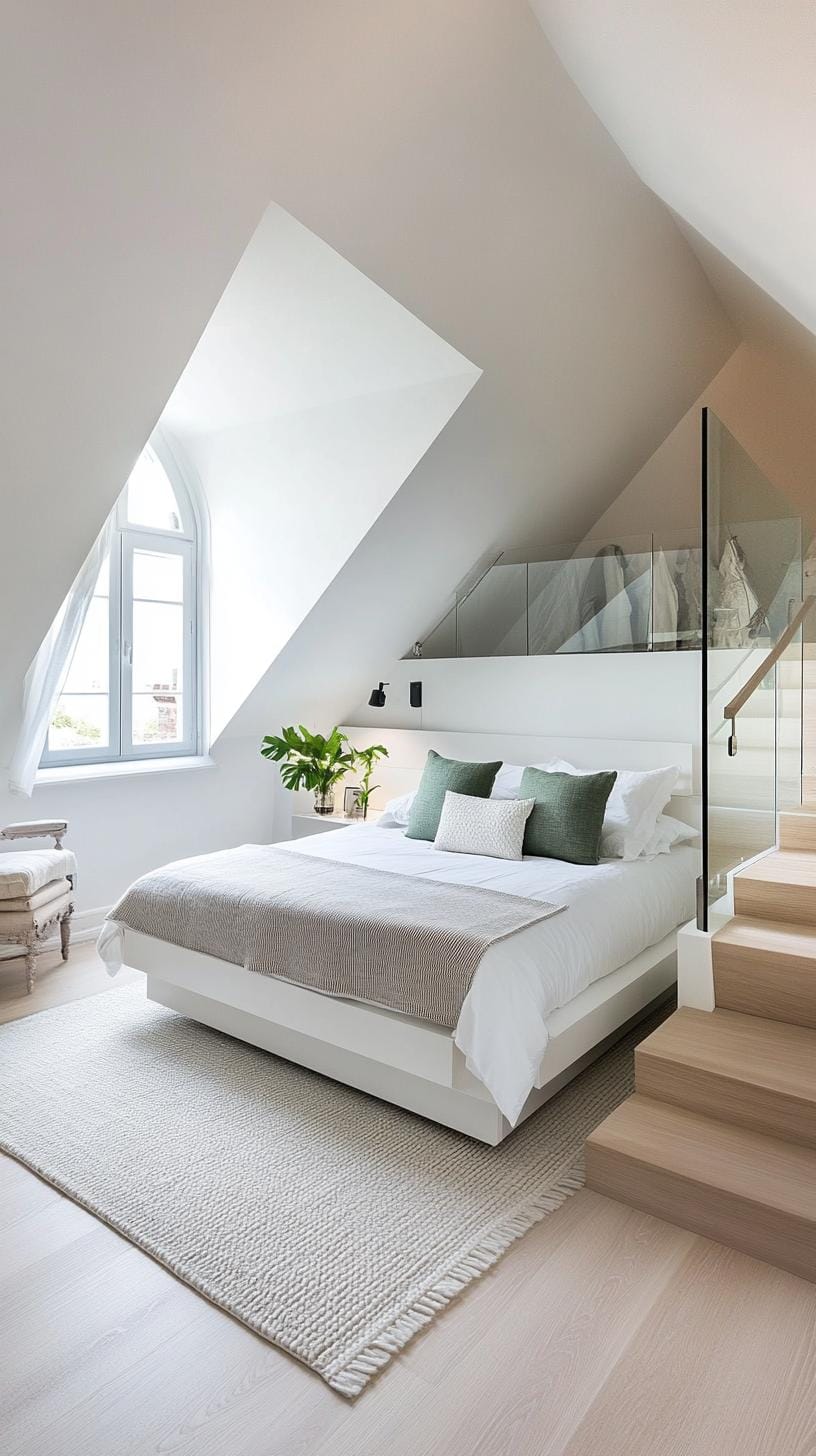 21 sweet attic bedroom ideas that you will love 66 21. Organize a modern, slim room with sharp angles, glass accents and a monochromatic color palette-1