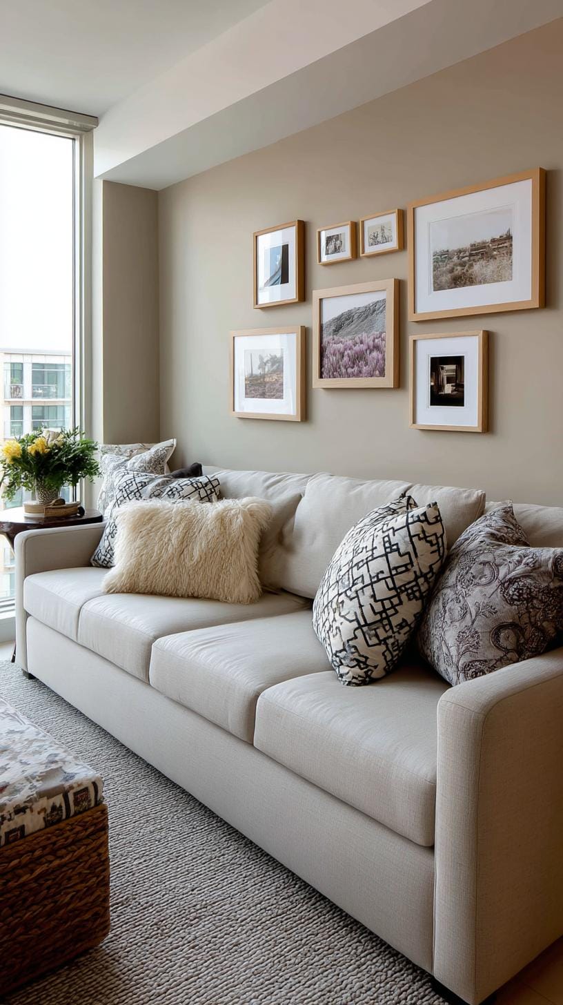 37 Gallery Wall Decor Ideas: Layouts And Styles to Elevate Any Room 12 4. Over the sofa spread featuring horizontally aligned artwork above the couch-0