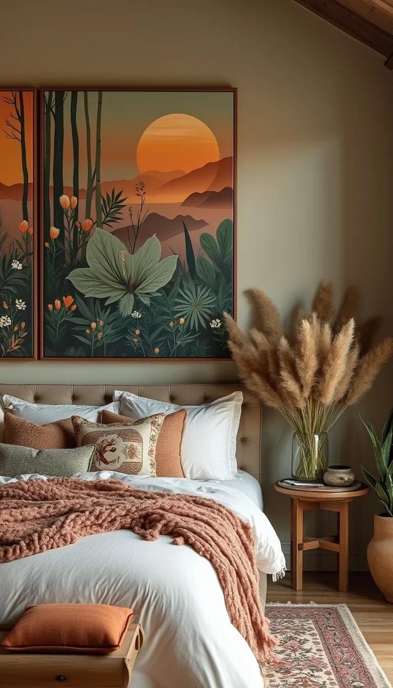 23 Modern Boho bedroom ideas that you will love immediately 46 15. Oversized works of art with natural topics 1