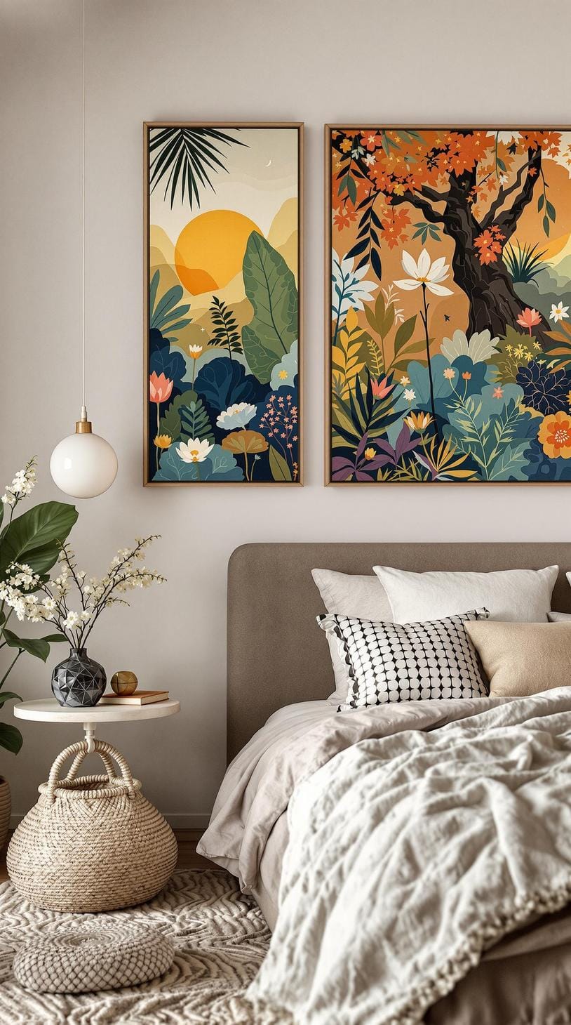 23 Modern Boho bedroom ideas that you will love immediately 47 15. Oversized works of art with natural topics-2