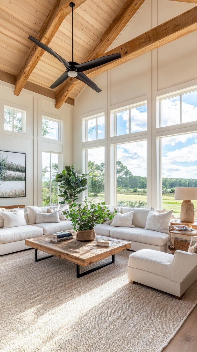 23 Best modern farmhouse living room ideas to inspire you 19 6. Oversized windows for maximizing natural light and the Farm Views-2