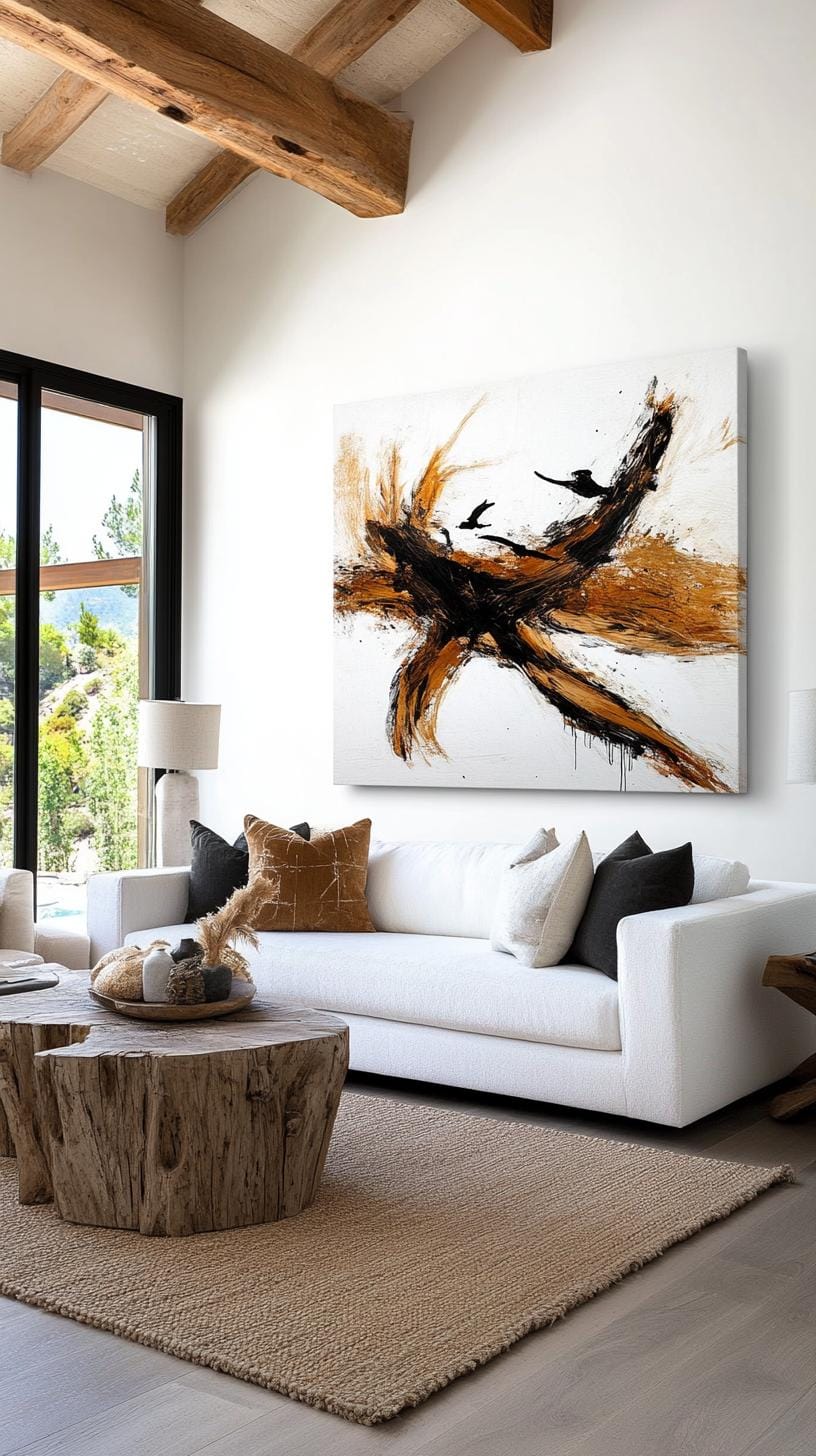 21 Cozy organic modern living room ideas for copying 22 7. Oversized abstract wall art in steamed natural shades-0