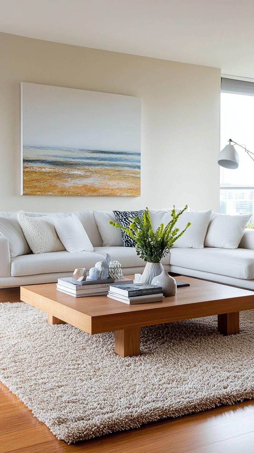 21 Cozy organic modern living room ideas for copying 24 7. Oversized abstract wall art in steamed natural shades-2