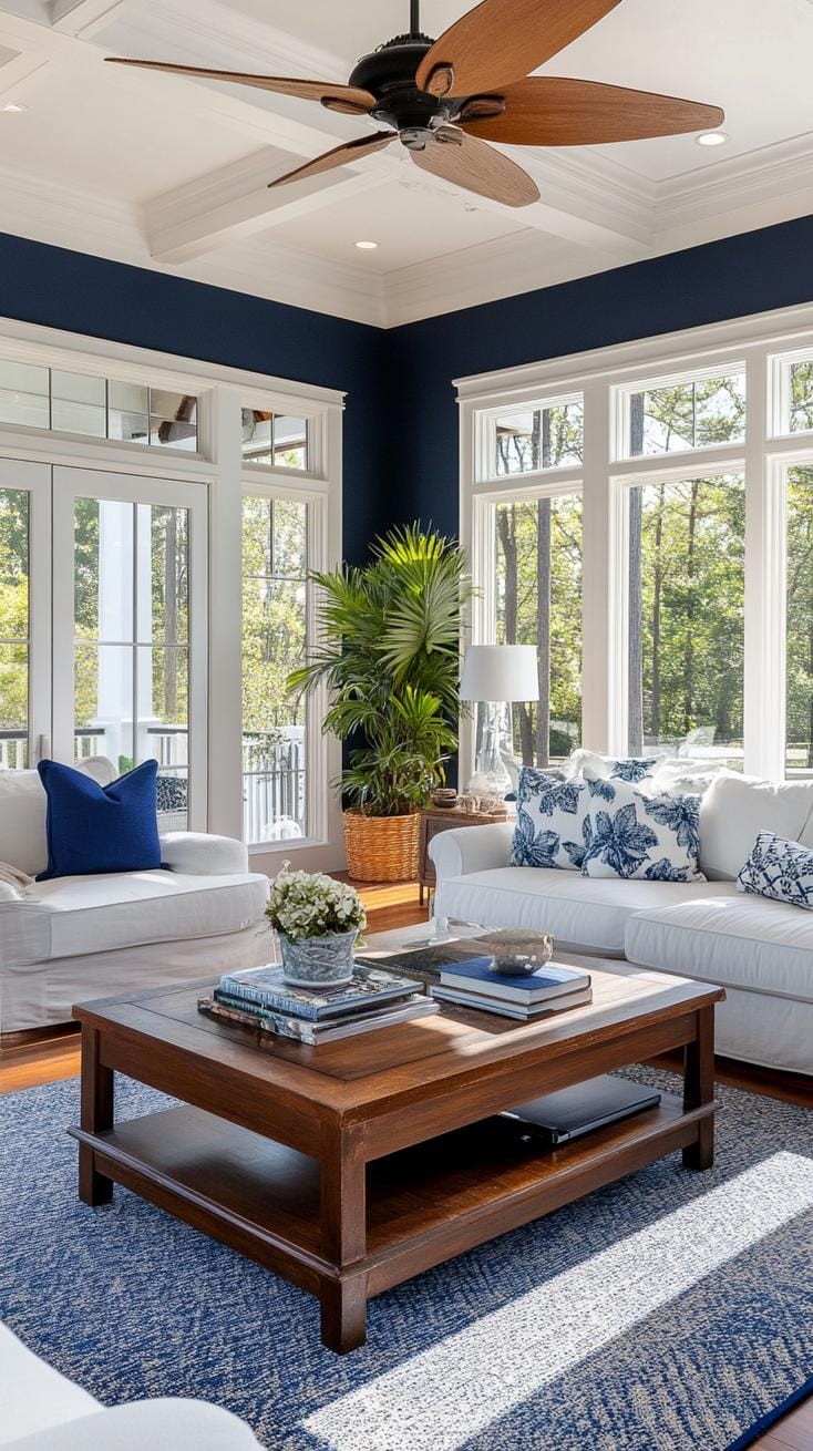 20 unique coastal farmhouse living room ideas, the WoW 54 17. Lacquer accent walls in a deep navy in the ocean to compare yourself with bright white junk, 3