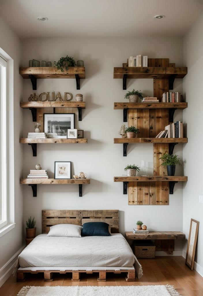 35 Stunning Bedroom Accent Walls for a Cozy Makeover 62 31. Pallet Accent Wall with Shelves-1