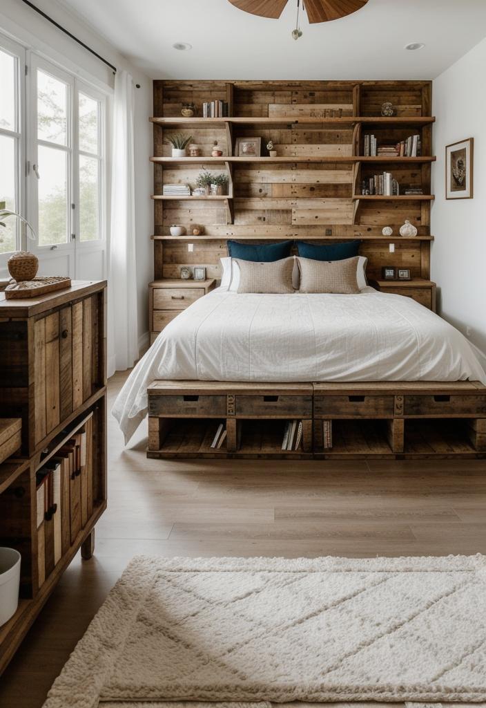 35 Stunning Bedroom Accent Walls for a Cozy Makeover 63 31. Pallet Accent Wall with Shelves-2