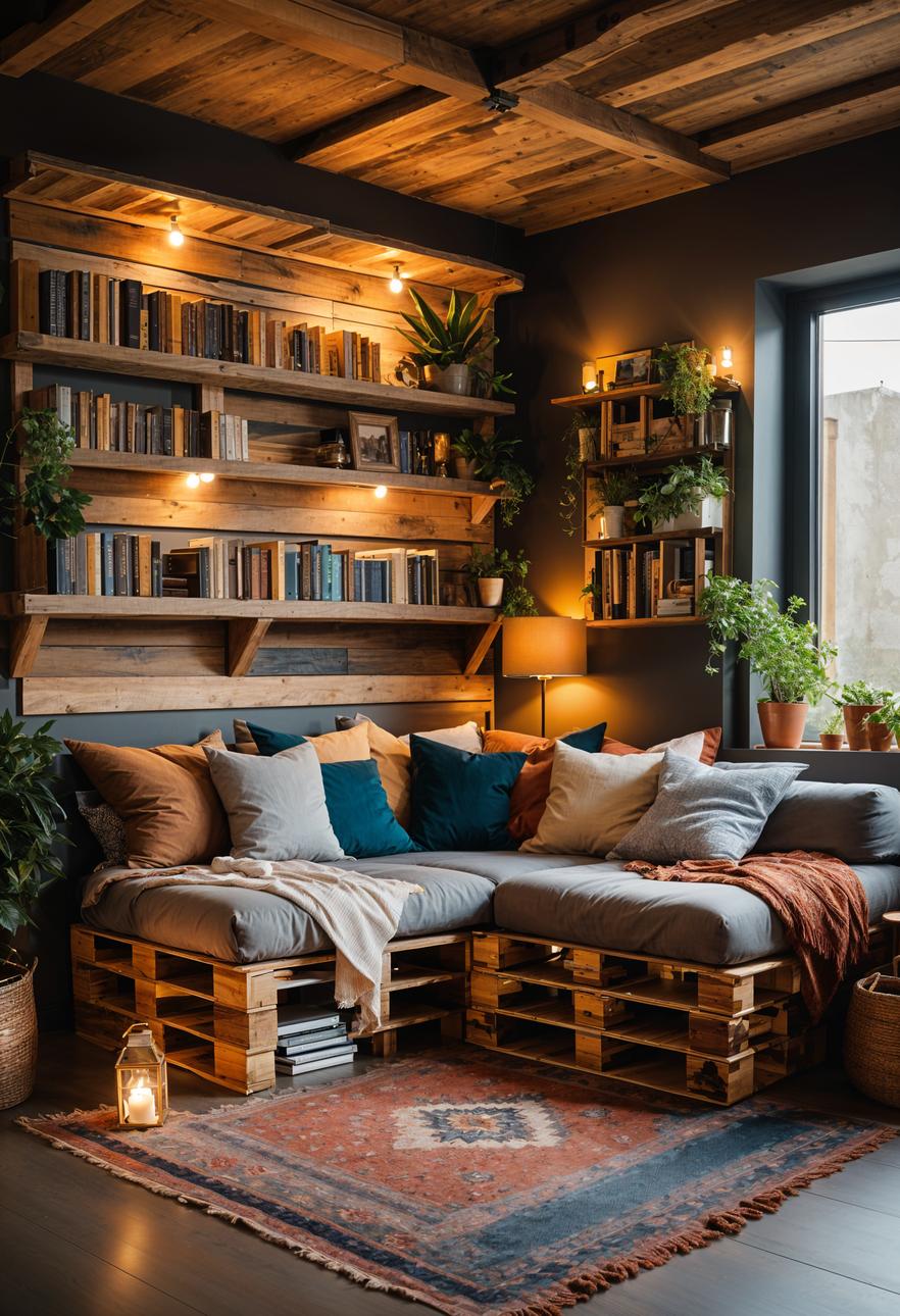 45 Chic & Modern Boho Living Room Ideas To Copy 86 41. Pallet Book Niche DIY-1