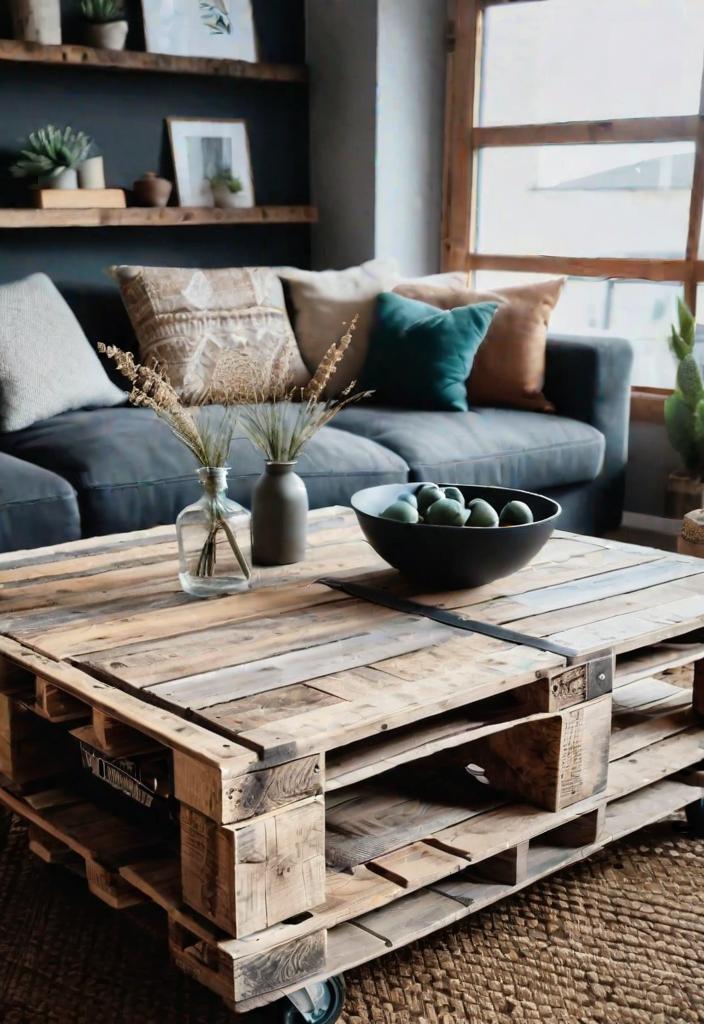 21 Inspirational Boho Living Room Ideas For 2024 17 14. Pallet coffee table with wheels-0