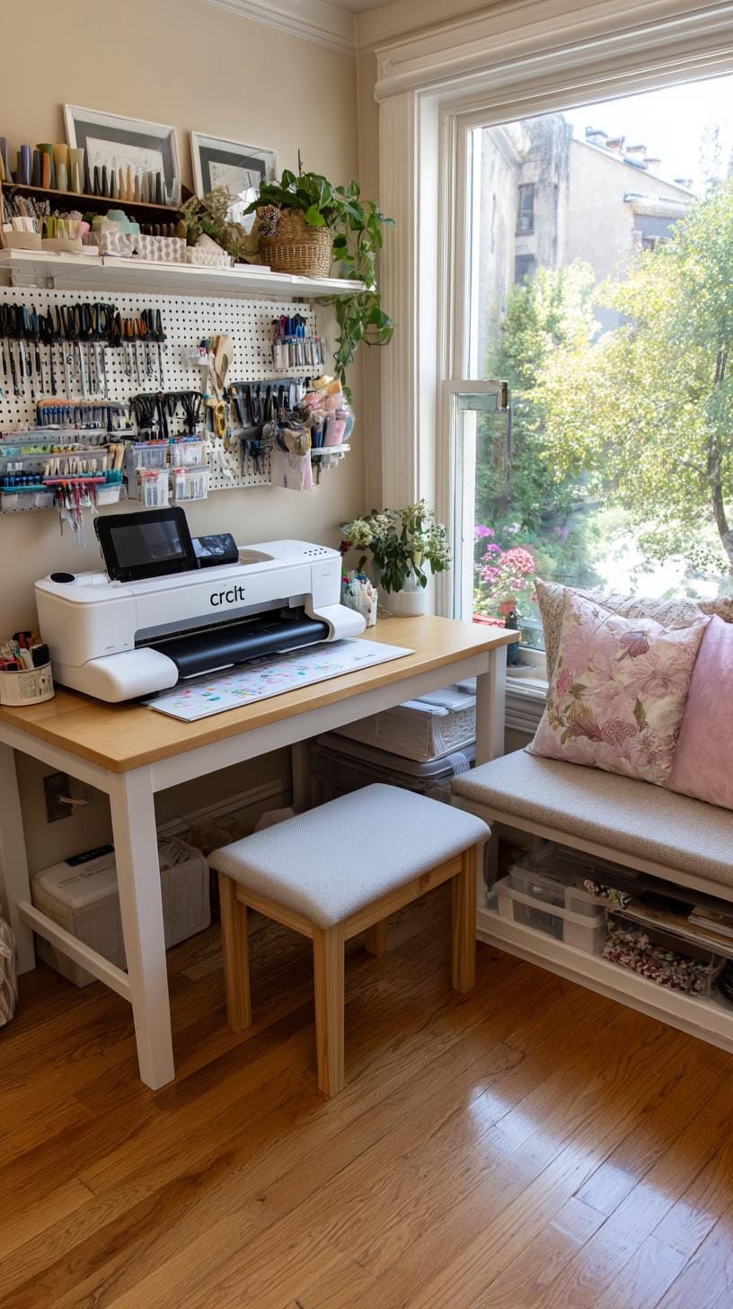 25 Bastelraum -Ideen mit genialen Organisation und Dekor Tipps 17 5. Pastellfarbene Handwerksdeck mit Cricut und Werkzeugregal-1