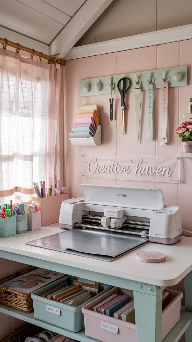25 Bastelraumideen mit genialen Organisation und Dekor Tipps 18 5. Pastellfarbene Handwerksende mit Cricut und Werkzeugregal-2