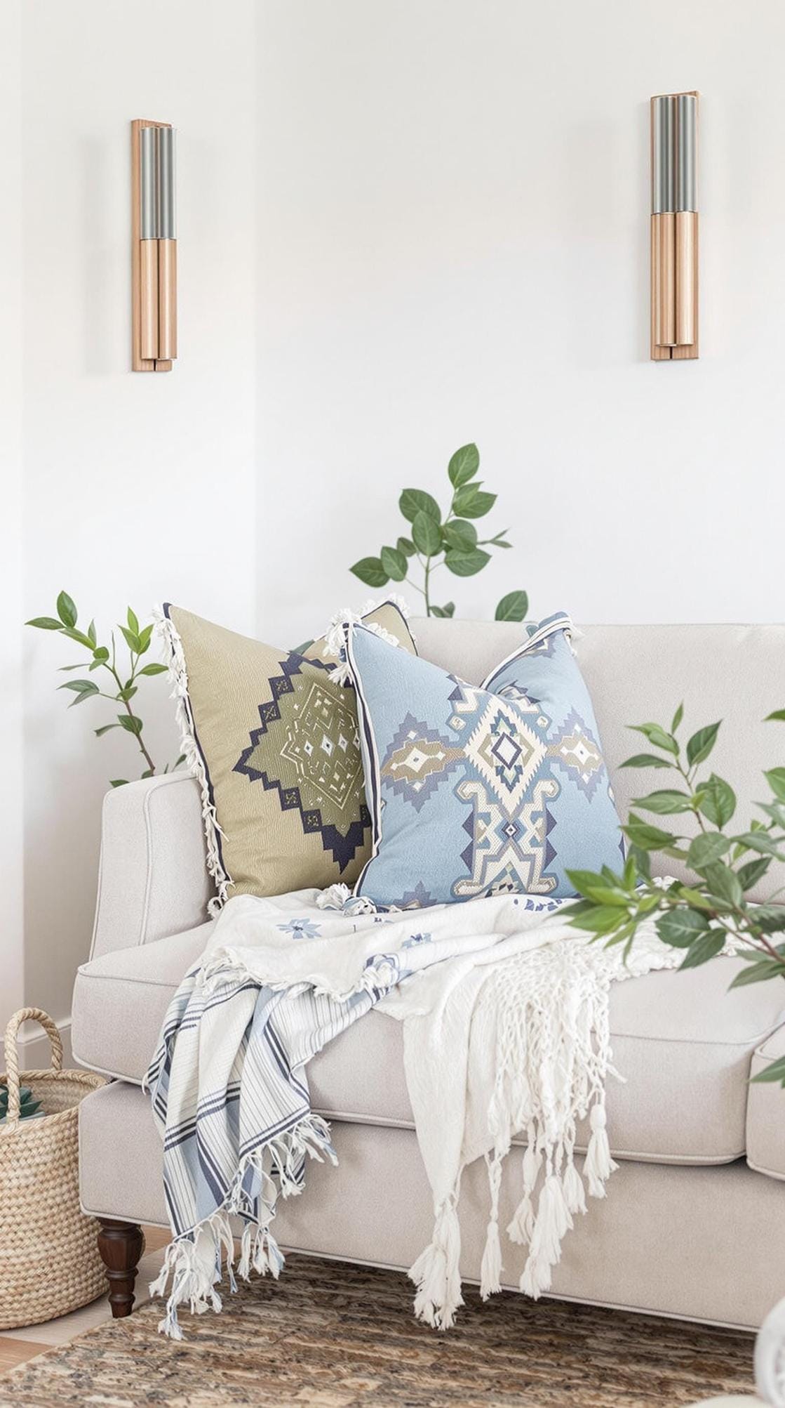 23 einzigartige Boho Farmhouse Wohnzimmer Ideen zum Kopieren 47 15. Pastoralpalette: Wählen Sie weiche Blau und Olivengrün für Stoffe aus, kombinieren Sie sich mit neutralen Wänden und Holzwandleuchten für eine beruhigende Einstellung.