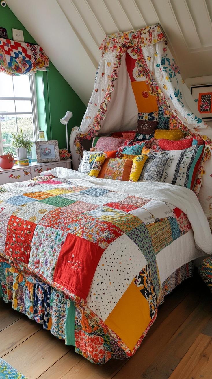 20 beautiful Boho bedroom for teenagers: ideas for 2025 60 20. Patchwork decorative elements: Integrate elements such as patchwork quilts or furniture with patchwork pads