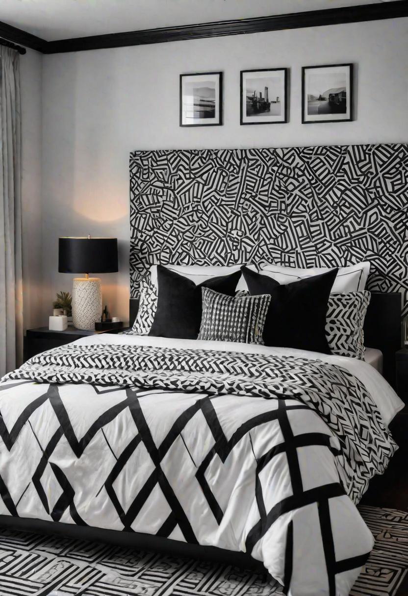 45 Black and White Bedroom Ideas for Timeless Elegance 4 2. Patterned Bedding for Black and White Bedrooms-0