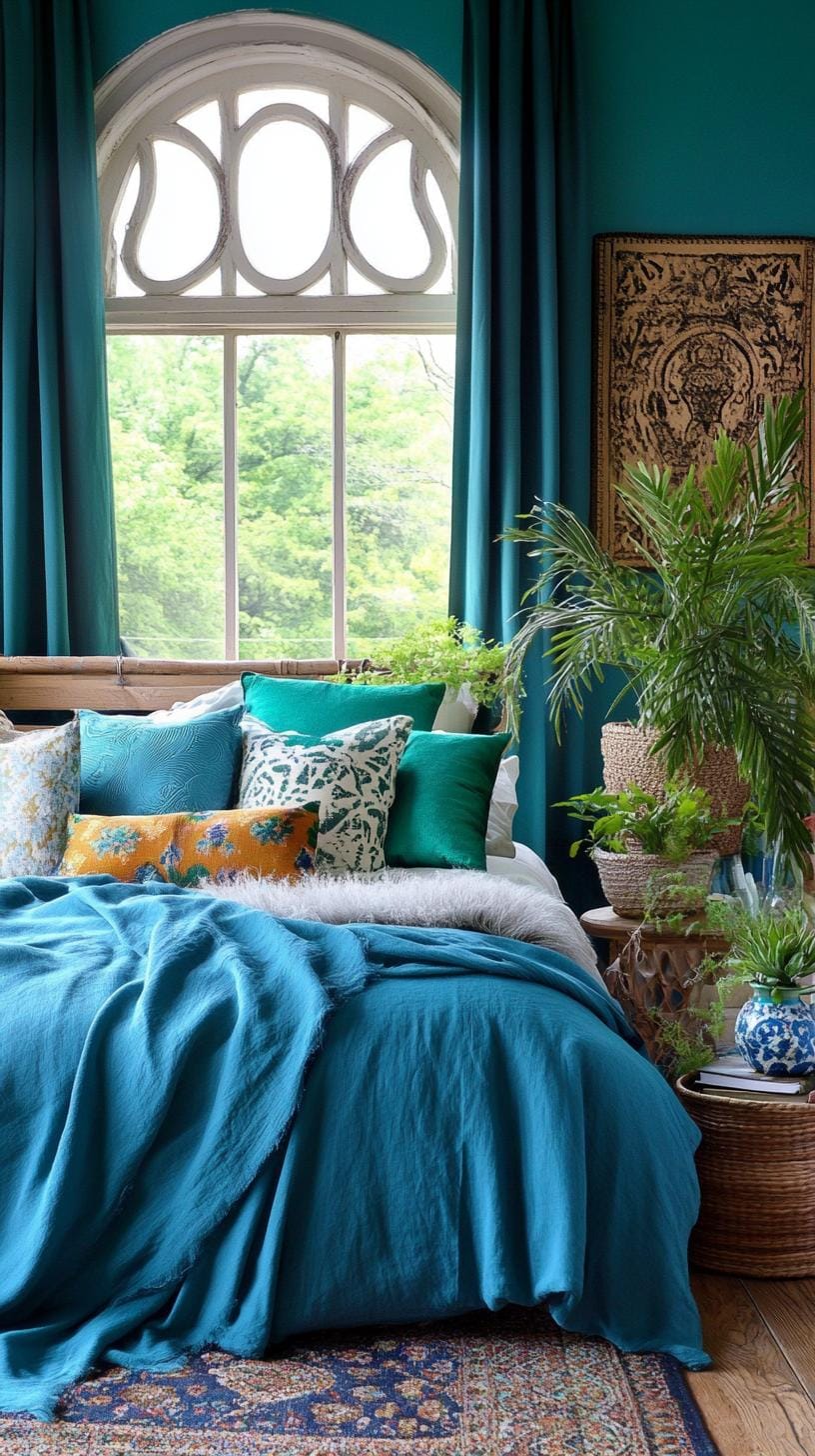 21 Best Blue Boho bedroom ideas to inspire you 53 16. Peapal pallet: Combine peacock feather colors with emerald green plants and hand-painted ceramic-1