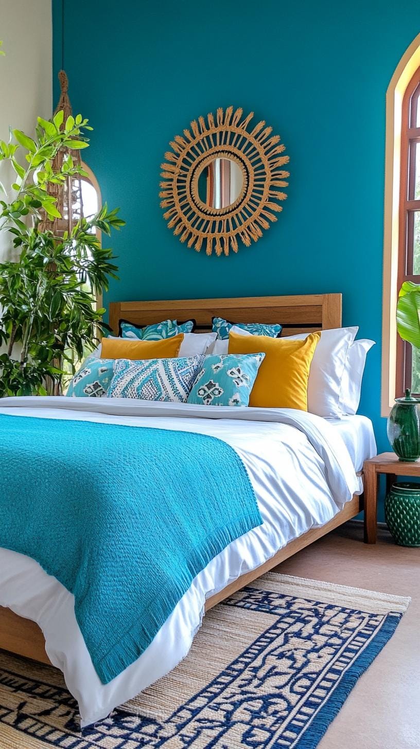 21 Best Blue Boho bedroom ideas to inspire yourself 54 16. Peapal pallet: Combine peacock feather colors with emerald green plants and hand-painted ceramic-2