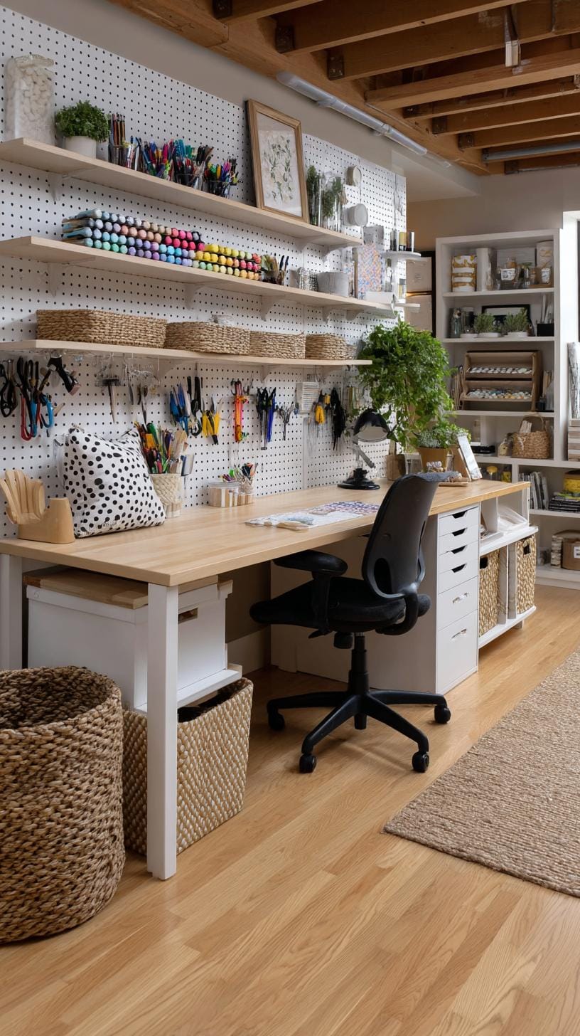 25 Bastelraum -Ideen mit genialen Organisation und Dekor Tipps 64 24. Pegboard-DIY-Zone mit vertikalen Werkzeughaltern-0 gestaltet