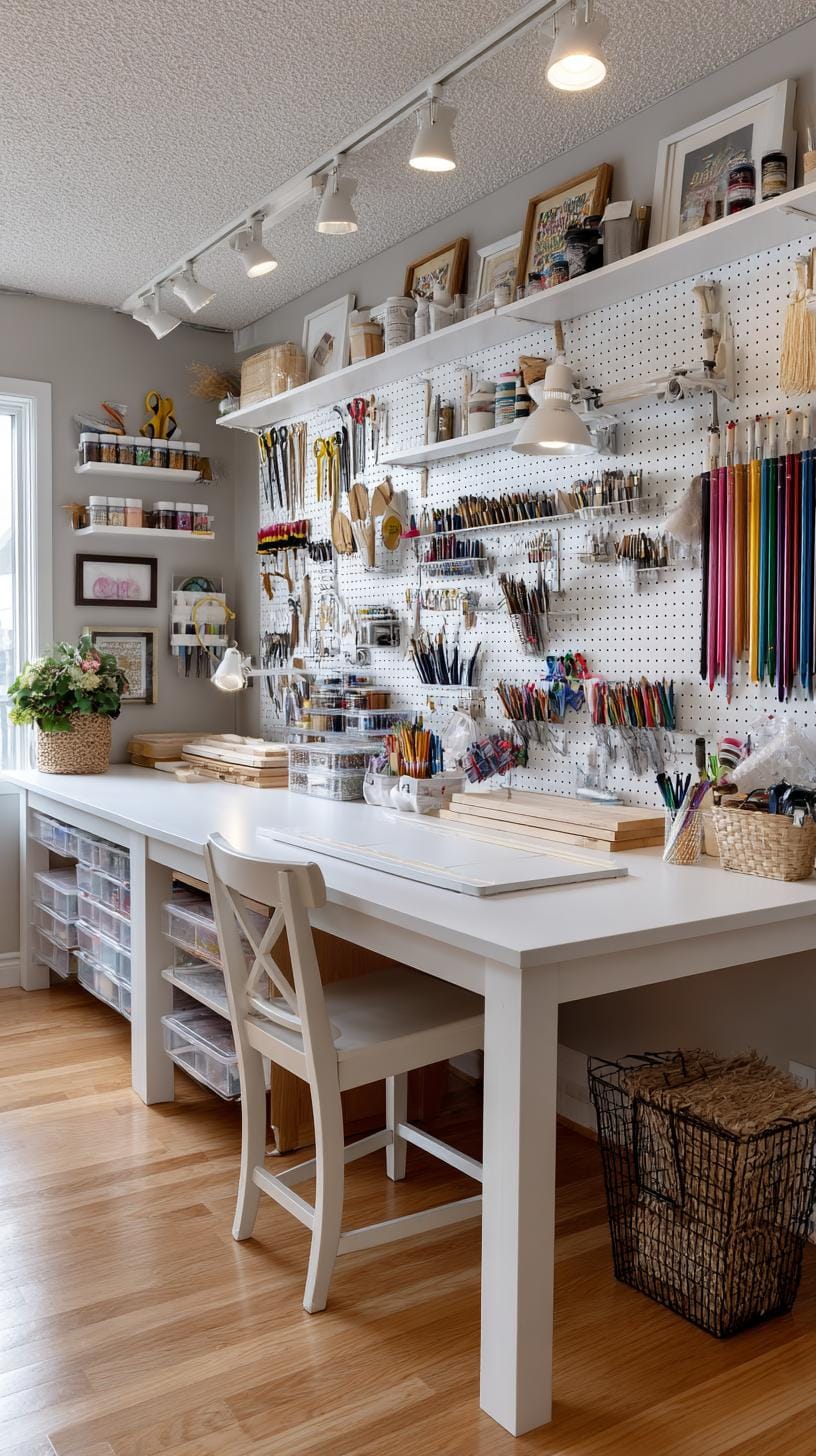 25 Bastelraumideen mit genialen Organisation und Dekor Tipps 65 24. Pegboard DIY Zone gestaltet mit vertikalen Werkzeughaltern-1