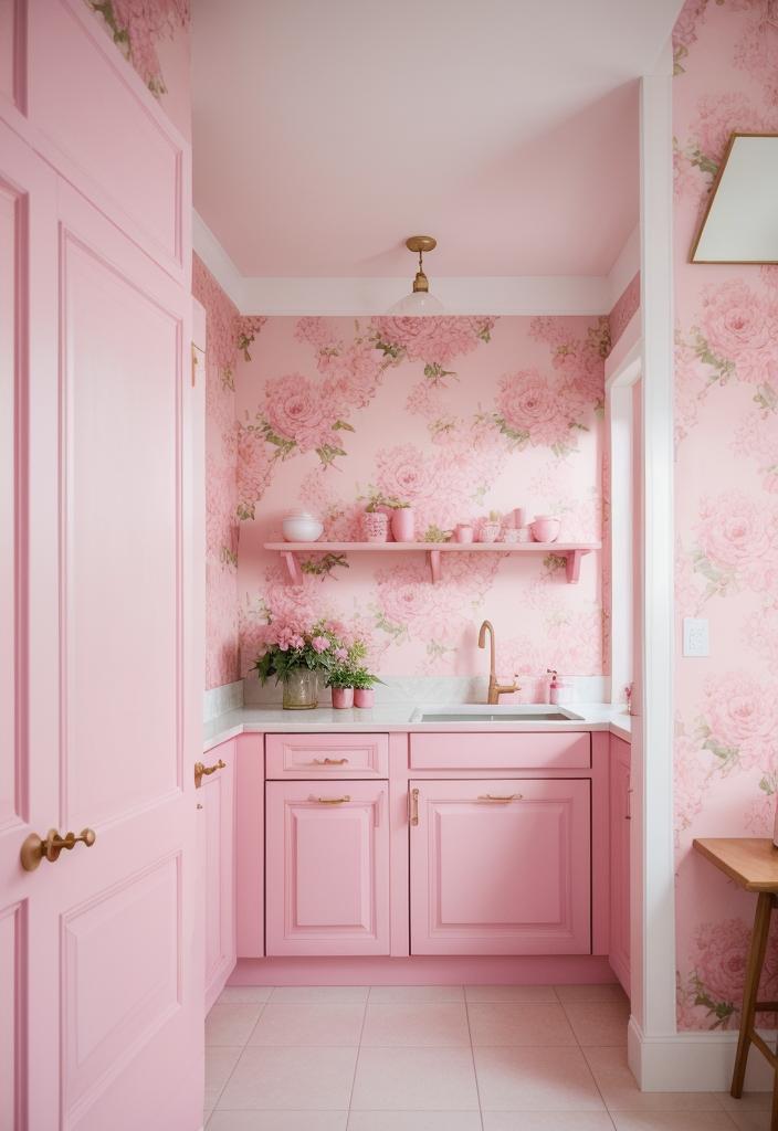 35 Charming Pink Kitchen Ideas: a Feminine Flair in Your Cooking Space 15 12. Peony Pink Wallpaper Spotlight-0