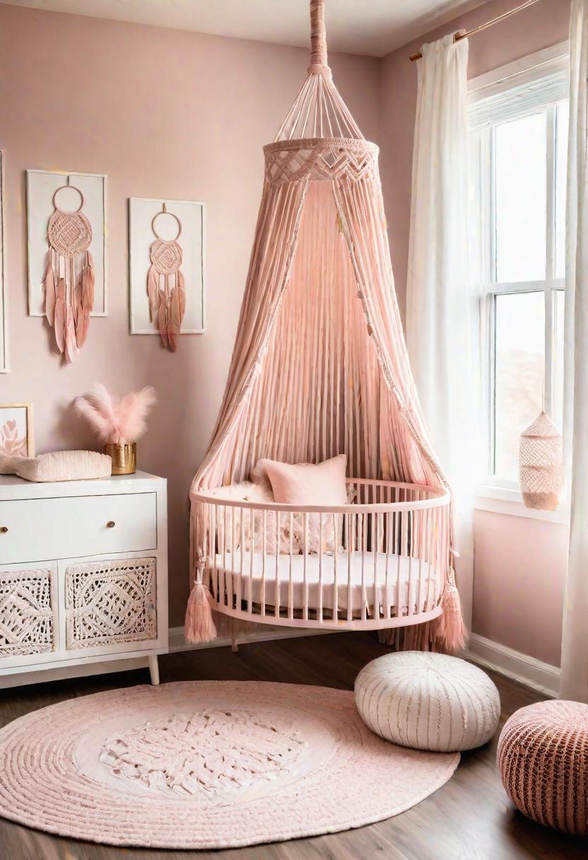 19 Dreamy Pink Boho Kindergarten Ideas: A mixture of warmth, moody and chic Bohemian Style 3 1. Pink Macramé Crib Mobile-0