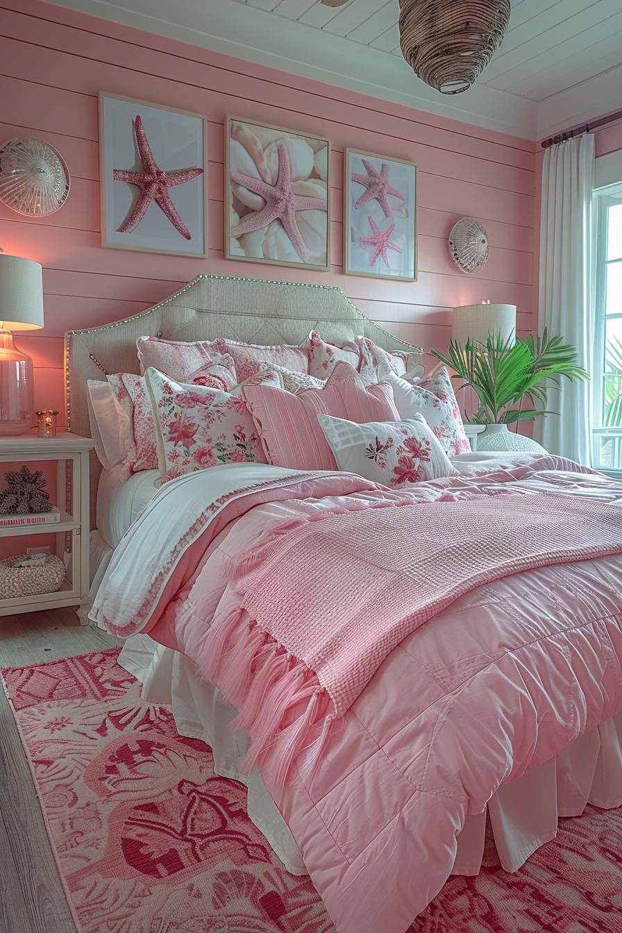 15 dreamy pink coastal bedroom ideas: beach & aesthetics 35 12. Pink Seestern Akzentwand-1