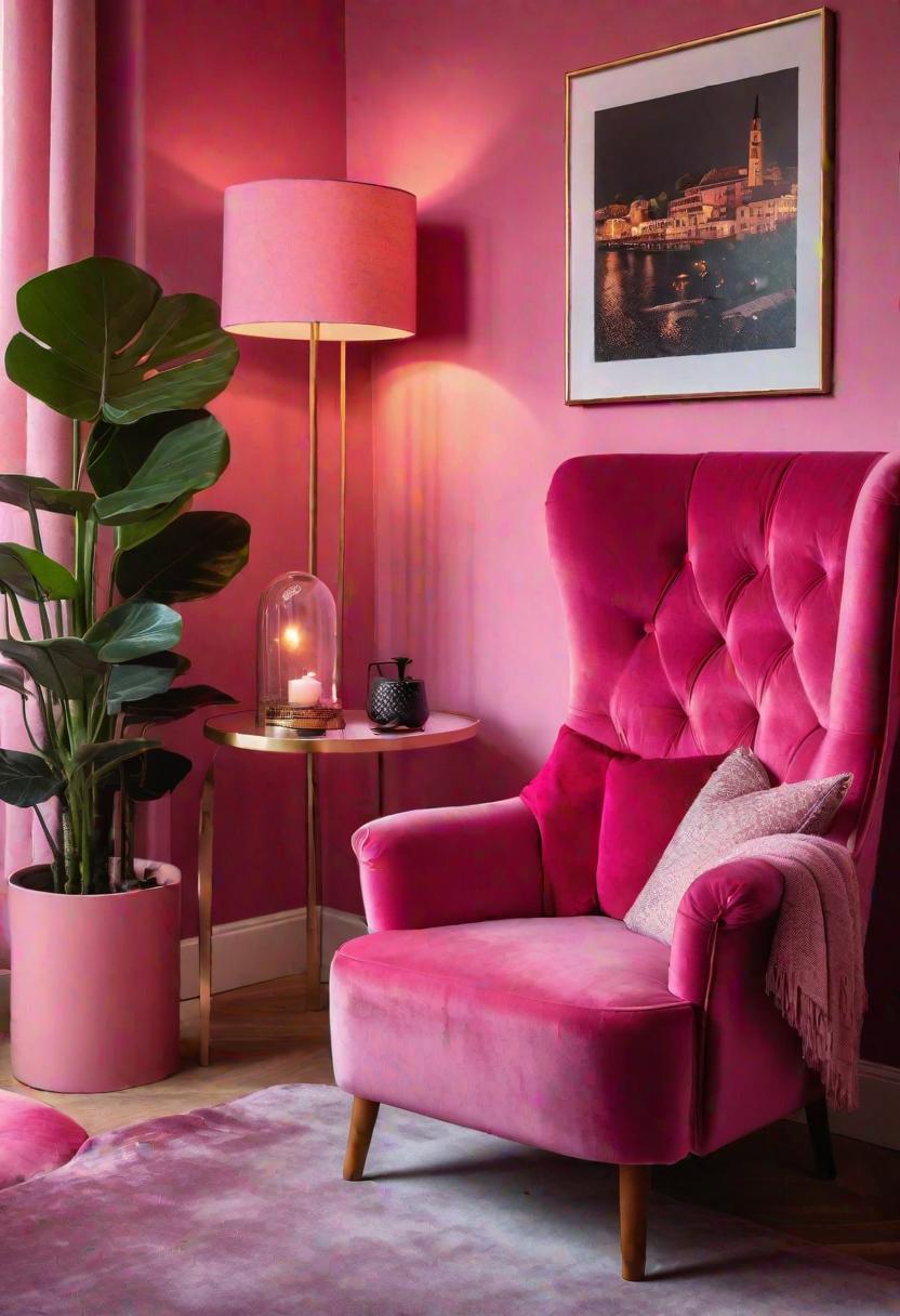 63 Luxurious Pink Bedrooms to Warm Up Your Space 6 3. Pink Velvet Armchair Corner-0