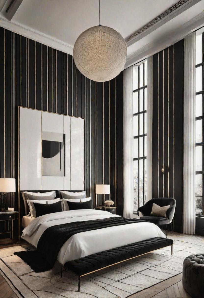 45 Black and White Bedroom Ideas for Timeless Elegance 20 18. Pinstripe Walls: Illusion of Height-0