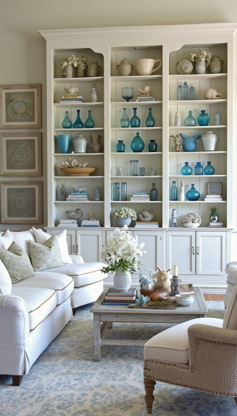 20 unique coastal farmhouse living room ideas, the WoW 32 10. Place Whitarked bookshelves with decor in the sea and farmhouse house jewelry-0
