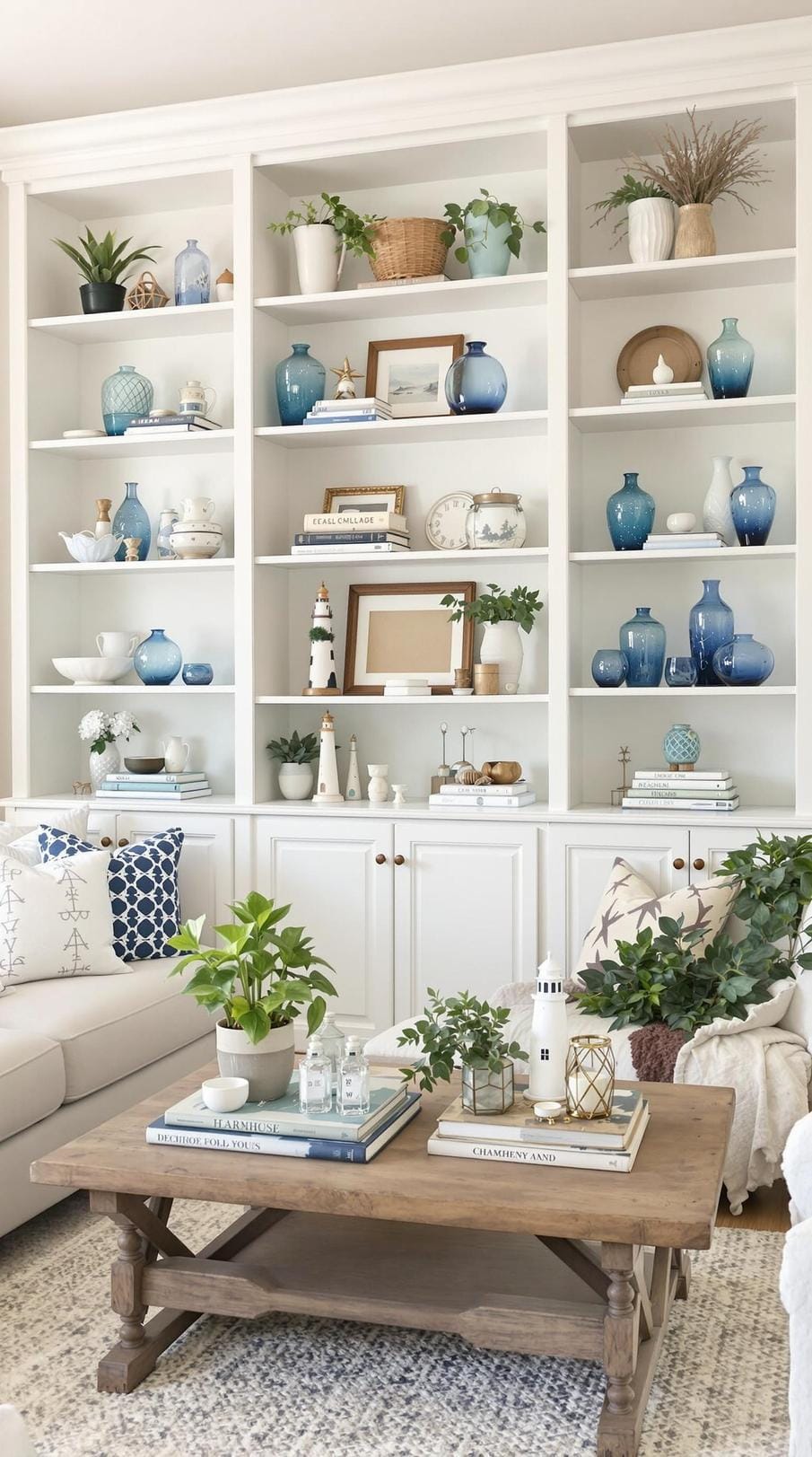 20 unique coastal farmhouse living room ideas, the WoW 33 10. Place white whipped bookshelves with decor in the sea and farmhouse jewelry 1
